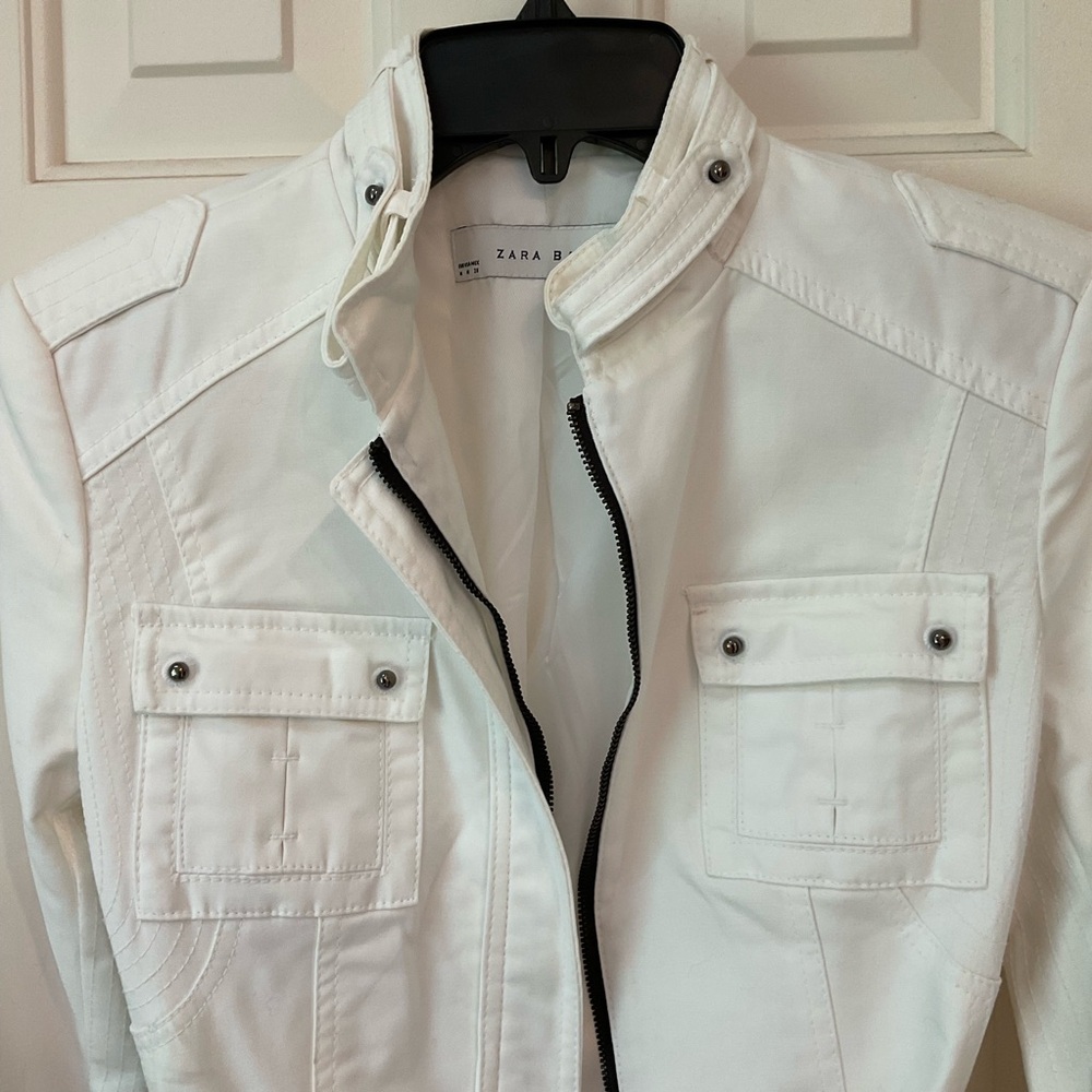 Zara White Jacket w/ Cinch Waist Belt, Zip Front, Pockets, Turn Back Cuf… - Picture 2 of 15